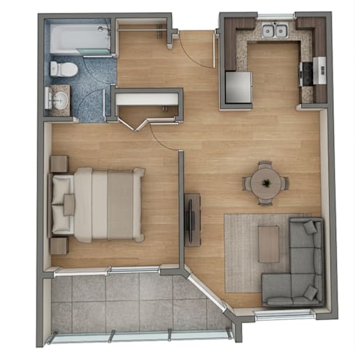 Floor Plan  1 bed 1 bath at Chamoune Senior Apartments, San Diego, CA, 92115